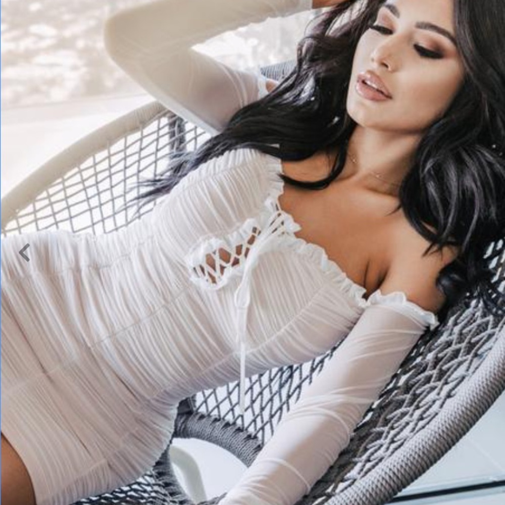Fashion Nova off the shoulder, white ruched dress